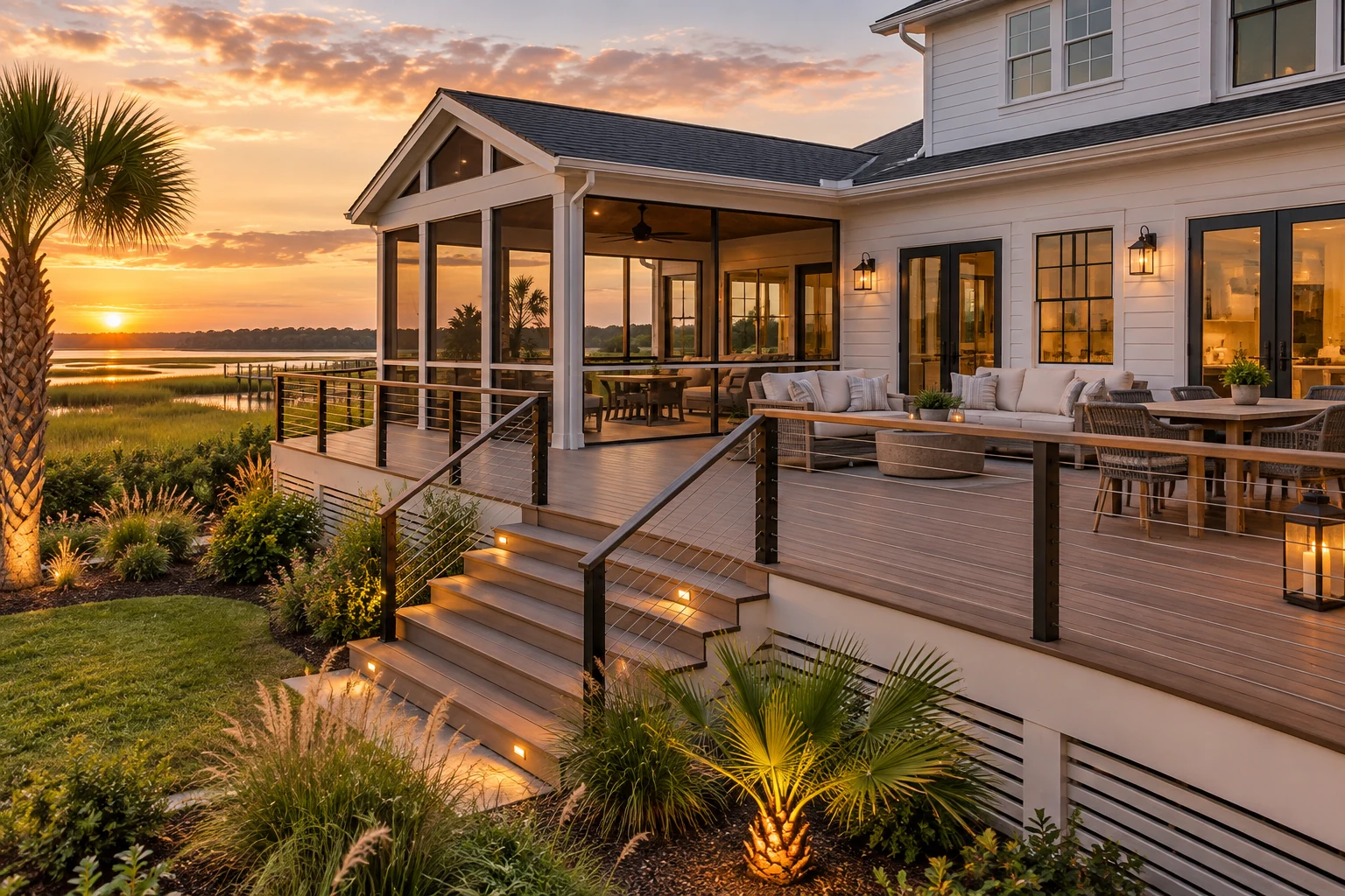 Coastal deck and screened porch connection with landscaped stairs