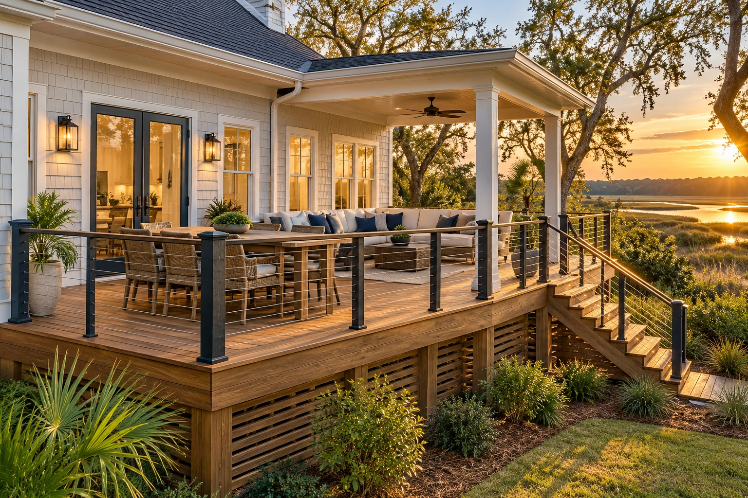 Custom coastal deck with covered outdoor living space overlooking a marsh at sunset